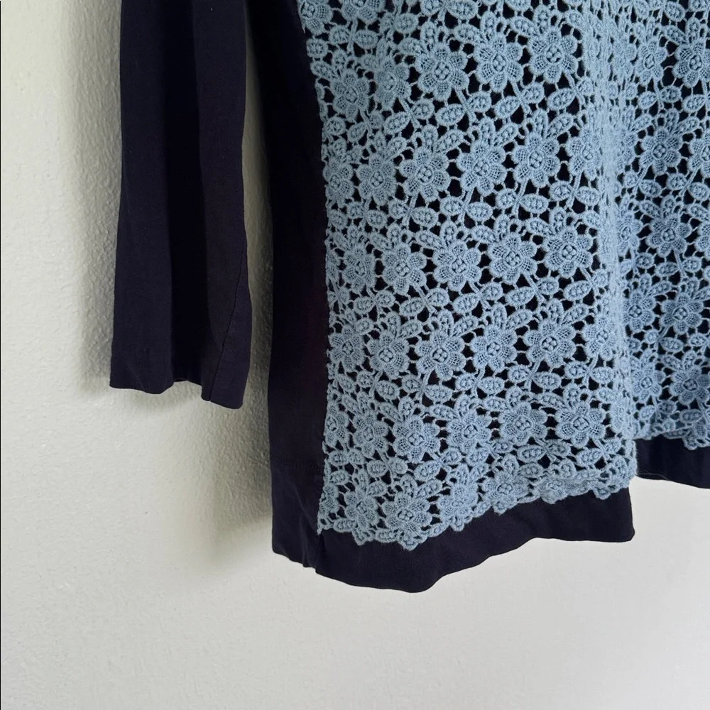 J. Crew blue floral textured eyelet lace 3/4 sleeve cotton knit top size XS